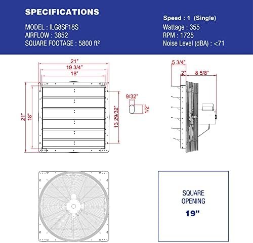 iLiving - 18" Wall Mounted Shutter Exhaust Fan - Automatic Shutter - Single Speed - Vent Fan For Home Attic, Shed, or Garage Ventilation, 3852 CFM, 5800 SQF Coverage Area, Silver (ILG8SF18S) - Image 5