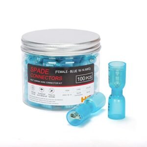 HKS 100PCS Female Spade Connector Blue 16-14 AWG - Heat Shrink Electrical Quick Disconnect Wire Connectors Kit - Tinned Red Copper - Automotive Marine Crimp Connectors - Waterproof and Insulated