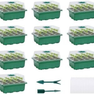 Seed Starter Trays, 12 Cells x 10 Packs Humidity Adjustable Plant Grow Kit with Dome and Base for Greenhouse & Gardens(120 Cells Total Tray)