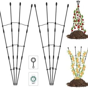 2 Pack 48 Inch Garden Trellis for Climbing Plants Outdoor- Rustproof Tower Obelisk Trellis, Fan-Shaped Plant Support Vertical Trellis for Indoor Potted Plants, Flowers, Rose, Vine & Twist Ties