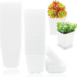 48 Pack White Plastic Plant Seedling Pots,Square Plants Nursery Pot,White Square Plastic Plant Pots with Saucer for Balcony,Pot Transplant,Garden,Home Decor