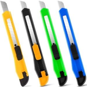 Box Cutter Retractable - 4 Pack - Premium Utility Knife - 9mm Wide Snap-Off Blades Razor Knife - Box Opener for Cutting Carboard, Boxes - Exacto Knife Box Knife for Home, Office, Craft Use