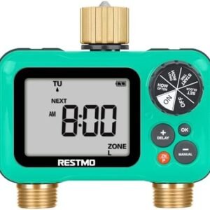 RESTMO Sprinkler Timer with Brass Inlet & Outlet, 2 Zone Programmable Water Timer for Garden Hose, 3 Separate Programs Hose Timer, Manual/Rain Delay/Automatic Watering for Drip Irrigation and Lawn