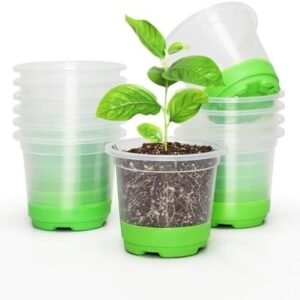 MIXC 12 Packs 4" Clear Nursery Pots with Silicone Base for Easy Transplant, Transparent Plastic Reusable Seedling, Starter & Flower Pots(Green)