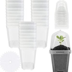 EBaokuup 30PCS Clear Plant Nursery Pots with Humidity Dome - 3" Durable Plastic Gardening Pot with Labels, Small Plant Container for Seedlings/Vegetables/Succulents/Cuttings