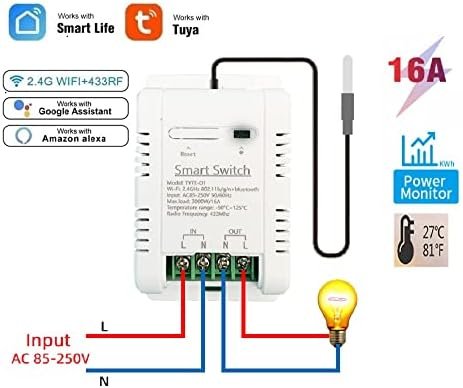 WiFi Temperature Controller Sensor Module, Tuya app Wireless Remote 16A Smart Switch with Energy Consumption Monitoring,Work with Alexa Google - Image 2