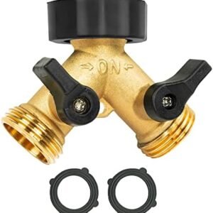 Brass Garden Hose Splitter 2 Way, Hose Y Splitter 3/4 Inch Heavy Duty Brass Hose Connector Tap Splitter, Hose Spigot Adapter 2 Valves with Rubber Washers (1 Pack)