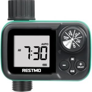 RESTMO Sprinkler Timer for Zero and Low Water Pressure, Ball Valve Hose Timer for Rain Barrel, Drip Irrigation, Outdoor Garden Faucet and Lawn Sprinkler, Automatic Digital Control and Manual Watering