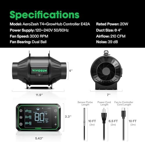 VIVOSUN AeroZesh T4 Inline Duct Fan, Quiet 4" 210 CFM Ventilation Exhaust Fan w/EC Motor and GrowHub E42A Temperature Humidity WiFi-Controller - Image 7