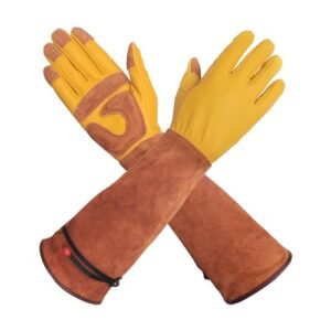 Long Gardening Gloves Thorn Proof, Gardening Gifts for Men, Cowhide Leather Puncture Proof Gloves for Cactus Trimming Rose Pruning Yard Work Weeding Planting，Yellow，Large Size
