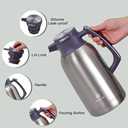IDEUS 68 oz Stainless Steel Thermal Coffee Carafe, Double Wall Insulated Vacuum Flask, Water Coffee and Beverage Dispenser, 12 Hour Heat 24 Hour Cold Retention, Silver - Image 2