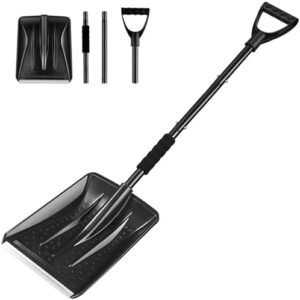 Snow Shovel, 2024 New Upgrade Large-Capacity Lightweight Aluminum Portable Snow Shovel, Parent-Child Playing Snow Shovel, Shovel for Garden, Car, Camping with Extra Ice Scrape(Black)