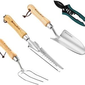 Berry&Bird Garden Tool Set, 4 PCS Stainless Steel Gardening Tool Kit Includes Hand Trowel, Hand Fork, Hand Weeder and Pruning Shears for Weeding Planting Transplanting Digging Pruning Loosening Soil