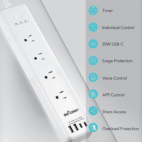 BN LINK Smart Plug Power Strip,Surge Protector with 4 Individually Controlled Smart Outlets, 4 USBs (incl. 20W USB-C), works with Alexa & Google home - Image 4