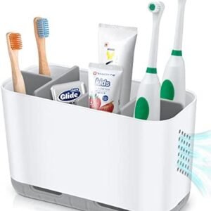 Boperzi Toothbrush and Toothpaste Holder Drainage for Bathroom Countertop with Adjustable Dividers, Large Toothpaste Caddy Organizer Storage Rustic Decor Set Anti-Slip for Shower,Family,Kids Gray