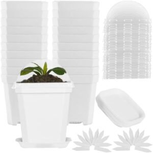 20 Pack Plant Nursery Pots with Humidity Dome White Plant Nursery Pots Sets Plastic Gardening Pot with 20PCS Labels and 20PCS Trays Square Gardening Pot Small Planting Pots for Seedlings