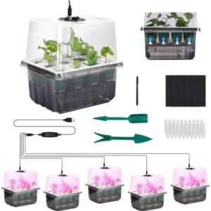Self-Watering Seed Trays with Grow Light, 5 Sets Seedling Trays Kit with Flexible Silicone Seed Trays, Timing Controller Adjustable Brightness, Thicken Tray, Heightened Lids for Seeds Growing Starting