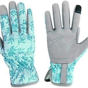 Leather Gardening Gloves for Women, Breathable Spandex & Thorn Proof Garden Gloves for Weeding Planting Digging, Flexible Touch Screen Grip - Medium Green