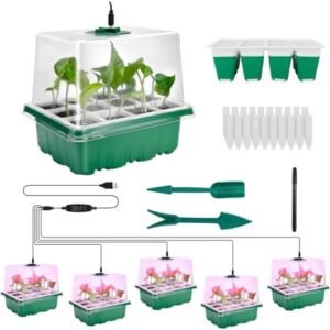 Seed Starter Tray with Grow Light, 5 Sets Seedling Trays Kit with Flexible Silicone Seed Trays, Timing Controller, Adjustable Brightness, Thicken Tray, and Heightened Lids for Seeds Growing Starting