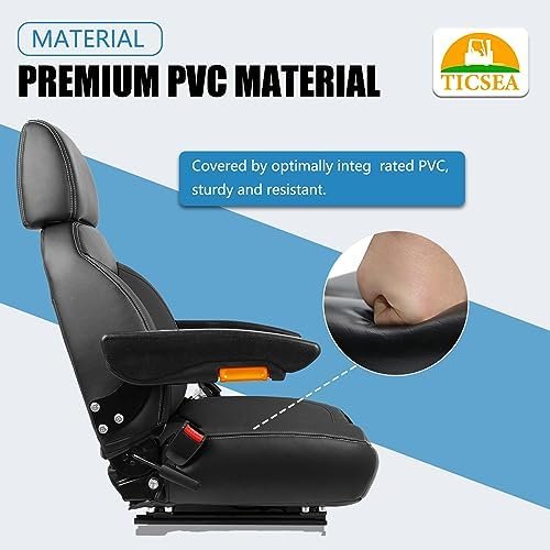 Universal Forklift Seat, Tractor Seat with Retractable Seatbelt and Adjustable Backrest Headrest Armrests for Excavator Harvester Loader Backhoe Dozer Telehandler(Black) - Image 6