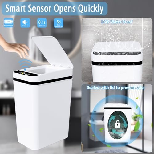 2Pack Bathroom Small Trash Can with Lid, 2.2 Gallon Touchless Automatic Garbage Can Slim Waterproof Motion Sensor Smart Trash Bin for Bedroom, Office, Living Room(Black/White) - Image 4