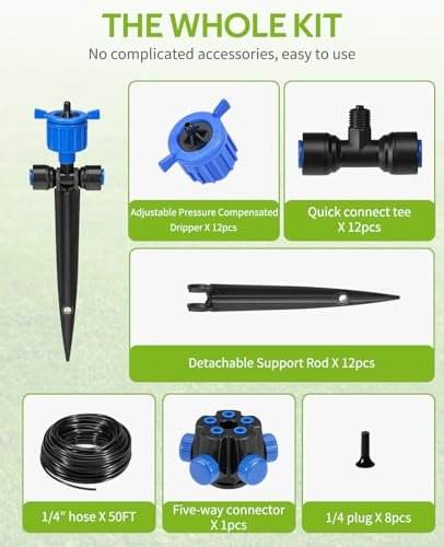 HIRALIY 50FT Garden Watering System with 12Pcs Pressure Compensation Drippers and 5-Way Connector, New Quick Connector Drip Irrigation Kits, Irrigation System for Plant - Image 6