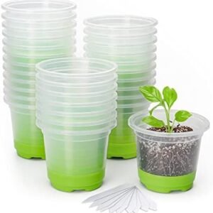 MIXC 30 Packs 4" Reinforced Clear Nursery Pots with Silicone Base for Easy Transplant, Transparent Plastic Plant Pot Reusable Seedling Pots Seed Starter Pots Flower Pot with 10pcs Plant Labels, Green