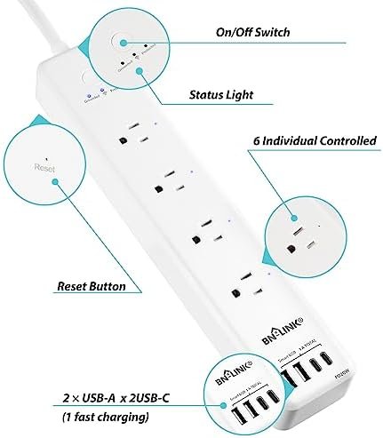 BN LINK Smart Plug Power Strip,Surge Protector with 4 Individually Controlled Smart Outlets, 4 USBs (incl. 20W USB-C), works with Alexa & Google home - Image 6