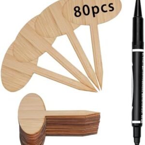 80Pcs Bamboo Plant Labels Wooden Plant Sign Tags Wood Garden Plant Tag Vegetable Garden Markers T-Type Plant Tags with a Marker Pen (Oval)