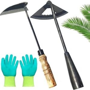 Pack of Weeding Tool Hollow Hoe and Japanese Sickle Garden Tool and a Pair of Professional Gardening Gloves - Heavy Duty Very Sharp Gardening Hand Tools for Landscaping - Nejiri Gama Hoe