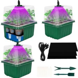 3 Pack Self-Watering Seed Starter Tray with Grow Light,Plastic Seed Starter Kit with Heightened Lids for Seed Starting Germination,Plastic Germination Trays for Indoor Gardening Seeds Growing Starting