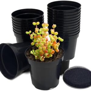 4 inch Plastic Flower pots 40 PCS Black Color, Thick Sturdy Resusable Plastic Nursery Seedling pots with 40 PCS Drainage Mesh to Black Soil Leaking