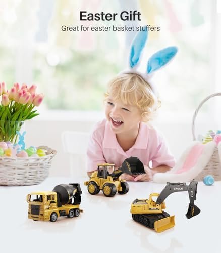 Geyiie Construction Trucks Toy Set, Construction Vehicles Site for Kids Engineering Toys Playset for Boys Girls, Pull Back Cars Excavator Tractor Bulldozer Dump Sand Toys Gifts for Party Favor - Image 2