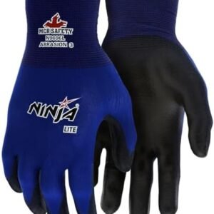 MCR Safety Small Ninja Lite 18 Gauge Black Latex Free Polyurethane Palm And Fingertips Coated Work Gloves With Blue Athletic Grade Nylon Liner And Knit Wrist