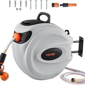 Retractable Hose Reel, 115 ft x 1/2 inch, Garden Water Hose Reel with 9-Pattern Nozzle, 180° Swivel Bracket Wall-Mounted, Automatic Rewind, Lock at Any Length, with Slow Return System
