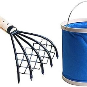 Yosogo 5-Tine Ninja Steel Claws Hand Rake with Mesh Net, Clam Fork, Short Wooden Handle, Ergonomic, Non-Slip, Lightweight, Sturdy, Compact - Comes with Portable Folding Bucket (Blue)