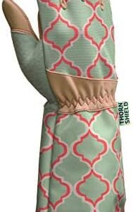 Rose Pruning Vegan Leather Garden Gloves, Long Forearm Protective Cuff with Touchscreen Compatible Finger Tips, Red Geometric Pattern, Medium