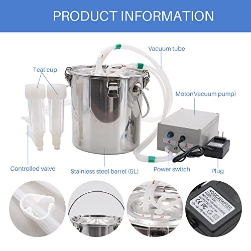 5L Goat Milking Machine Adjustable Pulsation Vacuum Electric Milker, Automatic Pulsating Vacuum Pump Livestock Milking Supplies with Stainless Bucket - Image 3