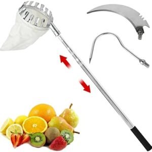 Protoiya Fruit Picker Tool, Fruit Picking Harvester with 60 in Telescopic Extendable Pole and Non Slip Grip Handle, Fruit Picking Equipment for Apple Pear Lemon Orange Harvesting