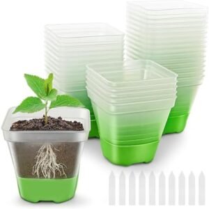 30 Packs 3.1 inch Reinforced Clear Nursery Pots, Plant Nursery Pots with Silicone Base for Easy Transplant, Seed Starting Pot with Drainage Holes,30pcs Plant Labels,Reusable Seedling Pots, Green