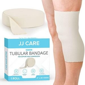 JJ CARE Tubular Bandage, 4” x 28 Yards Stockinette Tubing for Legs and Knees, Size F Reusable Elastic Bandage Sleeve, Tubular Compression Bandage Roll for Ankles and Elbows, Rubber Latex w/Cotton