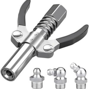 Grease Gun Coupler,Quick Lock Double Handles Grease Gun Tip with 3 Pcs Grease Fitting,Rated 12,000 PSI, Compatible with All Grease Guns, Suitable for Automobiles Ships Farm Machinery Etc