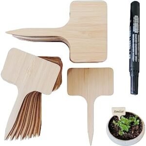 Bamboo Garden Plant Labels Tags – Outdoor Wood Marker T-Type Sign (6 x 10 cm) with A Bonus Marker Pen for Flower Vegetable Herbs Garden Potted Plants 50pcs