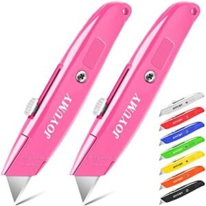 2 Pack Box Cutter Sharp Utility Knife, Box Cutter Retractable Razor Knife Set, SK-5 Heavy Duty Box Knife Ideal for Cartons, Cardboard, and Boxes (Pink)