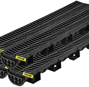 Trench Drain System, Channel Drain with Plastic Grate, 5.7x3.1-Inch HDPE Drainage Trench, Black Plastic Garage Floor Drain, 5x39 Trench Drain Grate, with 5 End Caps, for Garden, Driveway-5 Pack