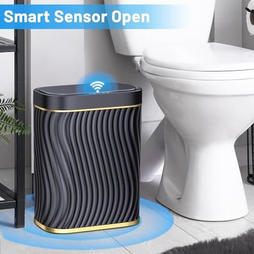 Bathroom Small Trash Can with Automatic Touchless Lid, 2.6 Gallon Smart Garbage Can Narrow Waterproof Trash Bin for Bedroom, Office, Living Room (Black) (Glod Black) - Image 2