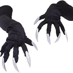 Halloween Paw Claws Gloves with Nails Fingernails Horror Devil Gloves Black Party Gloves Cosplay for Women Silver