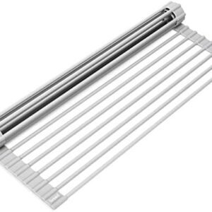 Surpahs Over Sink Foldable Multipurpose Roll-Up Dish Drying Rack, Silicone Wrapped Stainless Steel, Warm Gray, 17.5" x 13.1"