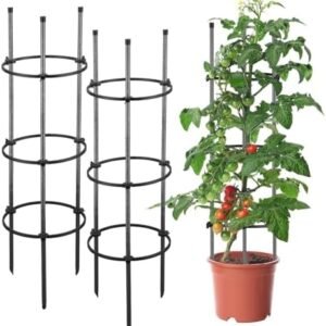 Tomato Cage, 61" Tall Garden Trellis to Support Plant 2 Pack, Metal Tomato Cages with 3 Adjustable Support Rings for Pots, Raised Bed, Heavy Duty Cherry Tomatoes Stand for Cucumber Bean Vegetable