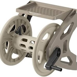Suncast Handler Durable Hard Plastic Wall Mounted Outdoor Retractable Garden Hose Reel with Storage Tray and 200 Feet Hose Capacity, Taupe